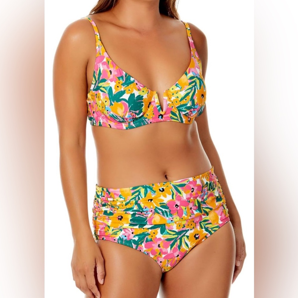Anne Cole Sunshine Floral V Wire Underwire High Waist Shirred Bikini - Size XS